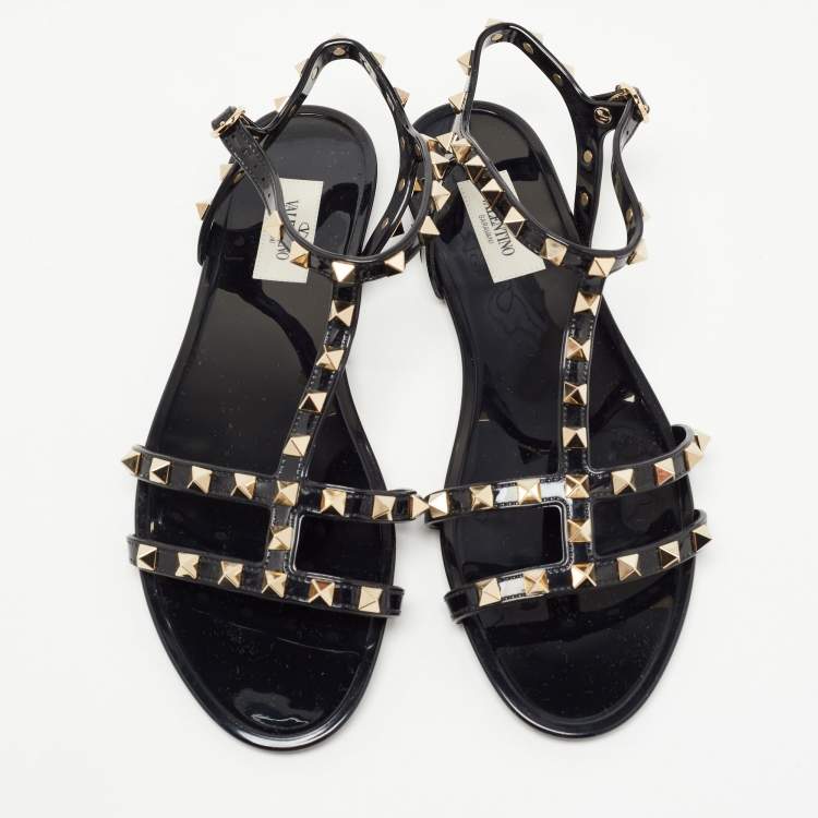 Pre Owned Valentino Black Rubber Rockstud Ankle Strap Flat Sandals Size 39