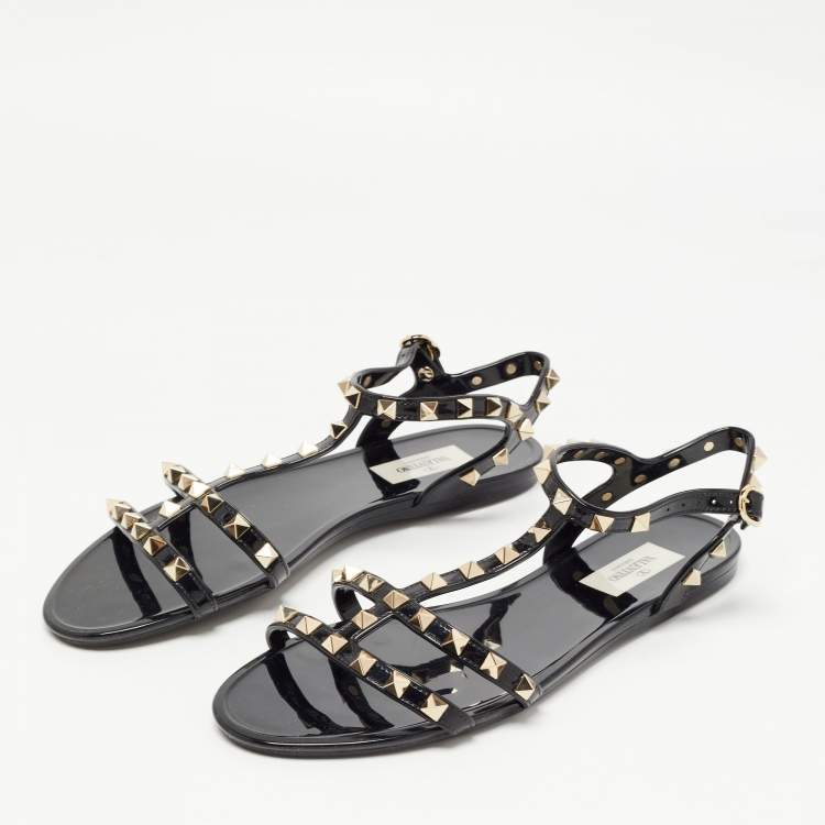 Pre Owned Valentino Black Rubber Rockstud Ankle Strap Flat Sandals Size 39