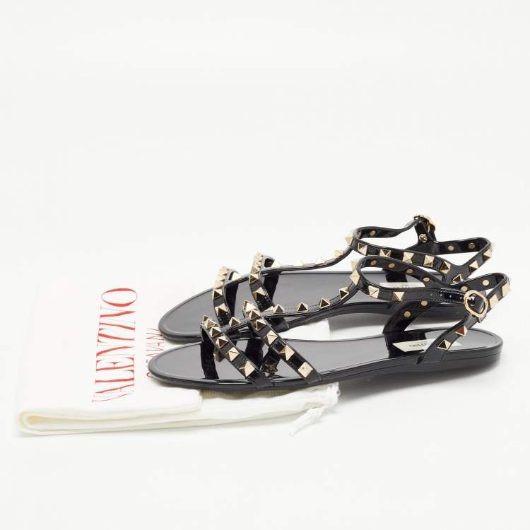 Pre Owned Valentino Black Rubber Rockstud Ankle Strap Flat Sandals Size 39