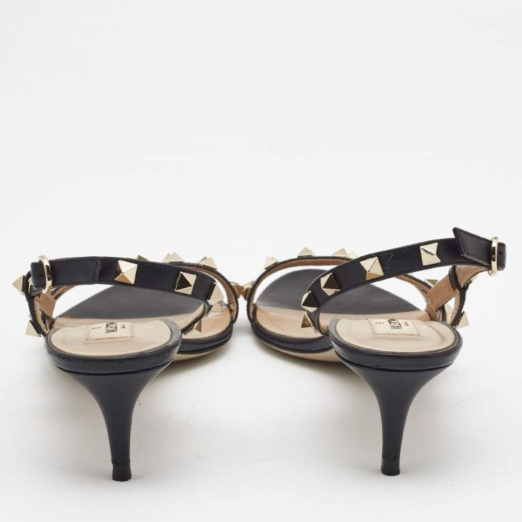 Pre Owned Valentino Black Leather Rockstud Ankle Strap Sandals Size 39