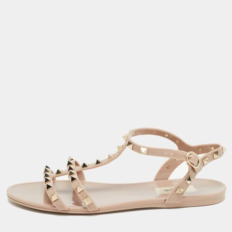 Pre Owned Valentino Dusty Pink Rubber Rockstud Ankle Strap Sandals Size 39