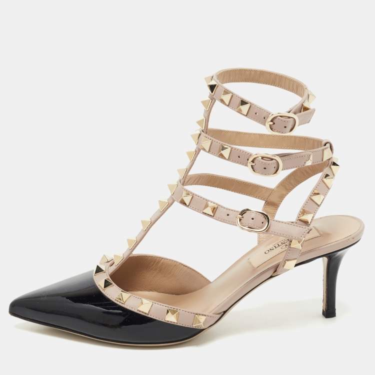 Pre Owned Valentino Black/Beige Patent and Leather Rockstud Pumps Size 36.5