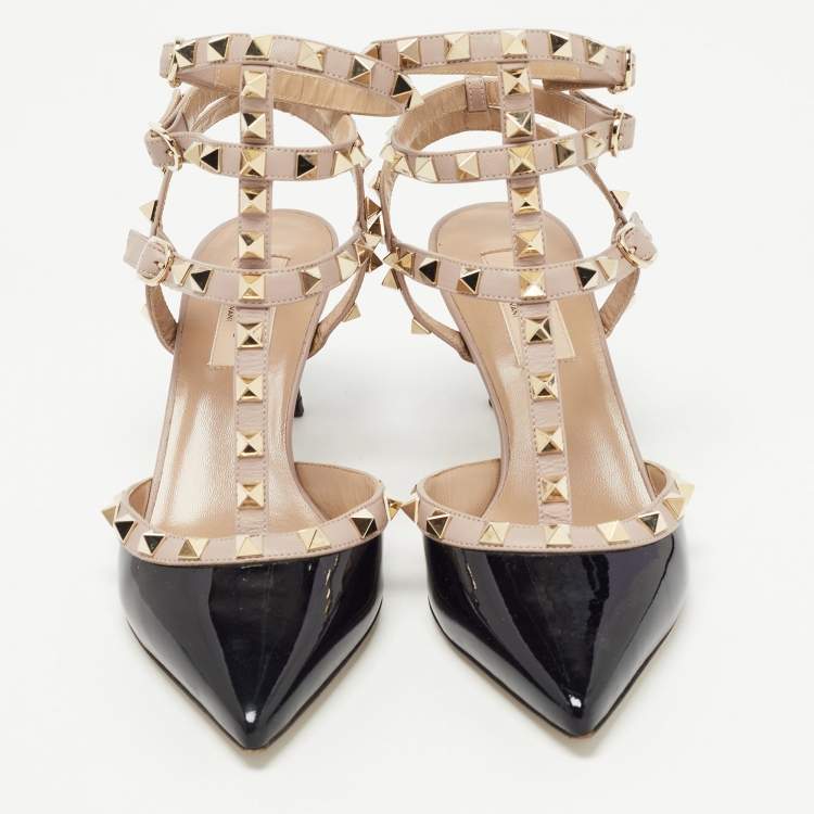 Pre Owned Valentino Black/Beige Patent and Leather Rockstud Pumps Size 36.5