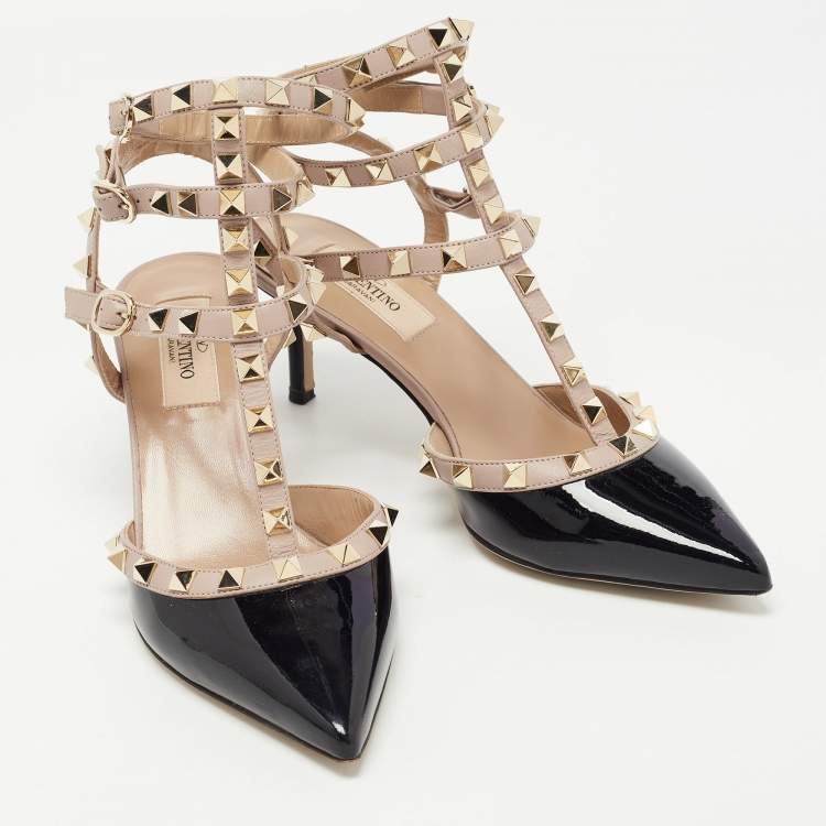 Pre Owned Valentino Black/Beige Patent and Leather Rockstud Pumps Size 36.5