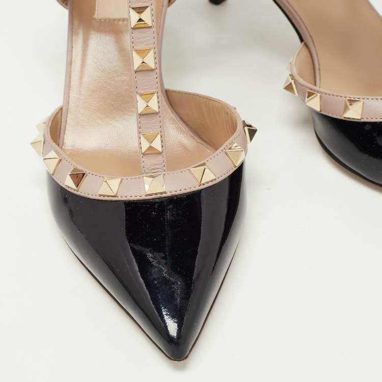 Pre Owned Valentino Black/Beige Patent and Leather Rockstud Pumps Size 36.5