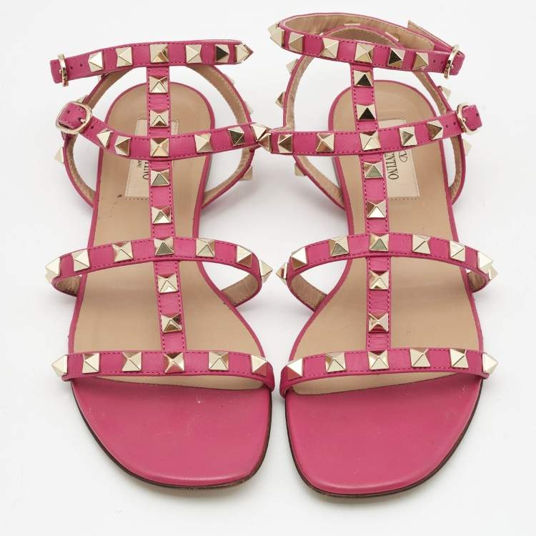 Pre Owned Valentino Pink Leather Rockstud Flats Size 36