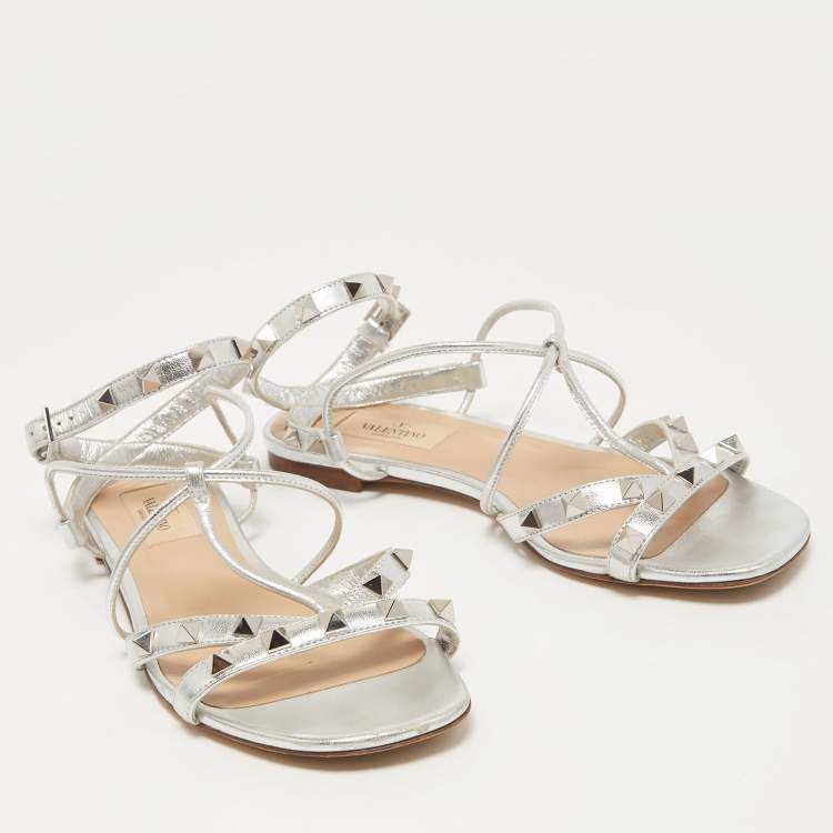 Pre Owned Valentino Silver Leather Rockstud Ankle Strap Flat Sandals Size 37