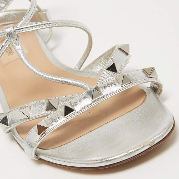 Pre Owned Valentino Silver Leather Rockstud Ankle Strap Flat Sandals Size 37