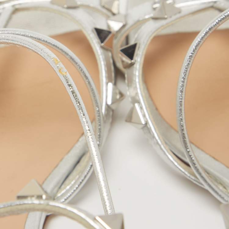 Pre Owned Valentino Silver Leather Rockstud Ankle Strap Flat Sandals Size 37