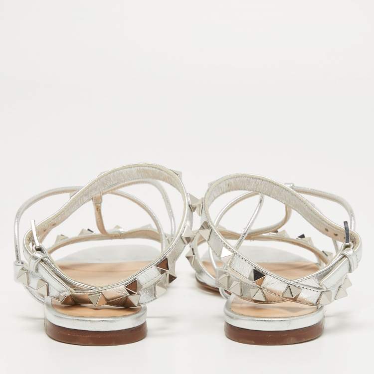 Pre Owned Valentino Silver Leather Rockstud Ankle Strap Flat Sandals Size 37