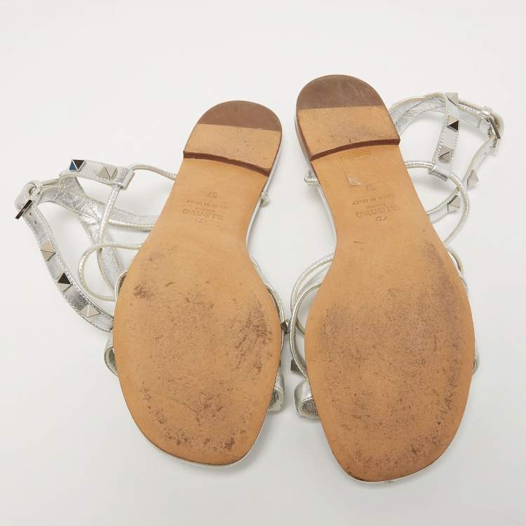 Pre Owned Valentino Silver Leather Rockstud Ankle Strap Flat Sandals Size 37
