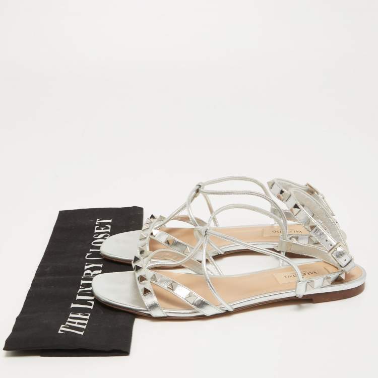 Pre Owned Valentino Silver Leather Rockstud Ankle Strap Flat Sandals Size 37