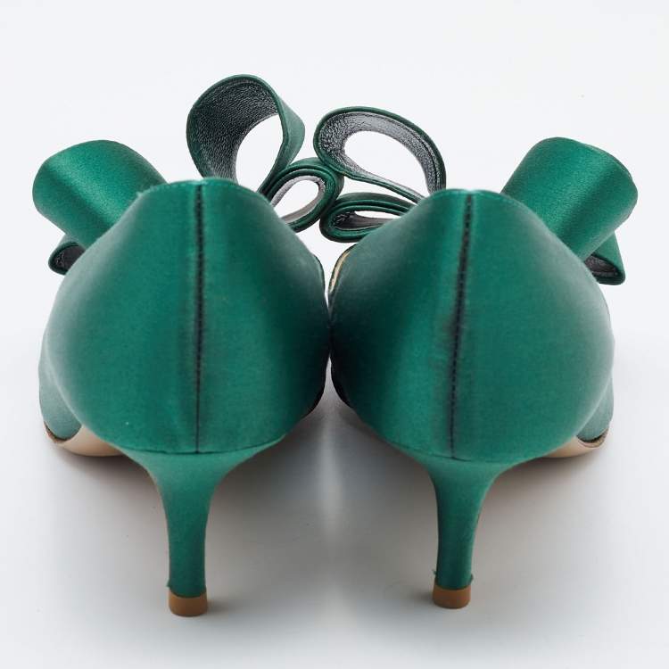 Pre Owned Valentino Green Satin Bow Peep Toe Platform Pumps Size 37