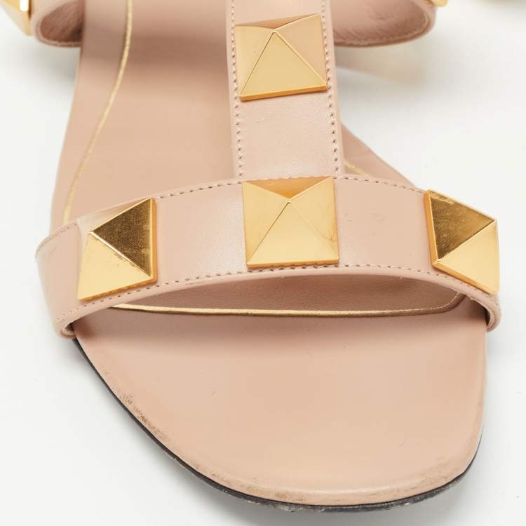 Pre Owned Valentino Pink Leather Roman Stud Flat Slides Size 38