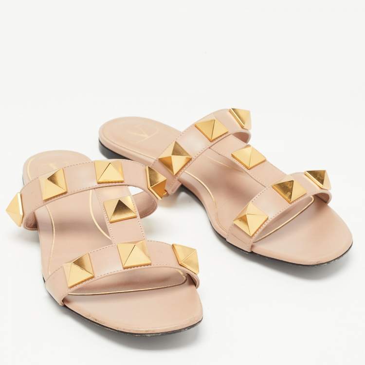 Pre Owned Valentino Pink Leather Roman Stud Flat Slides Size 38