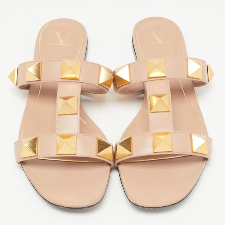 Pre Owned Valentino Pink Leather Roman Stud Flat Slides Size 38