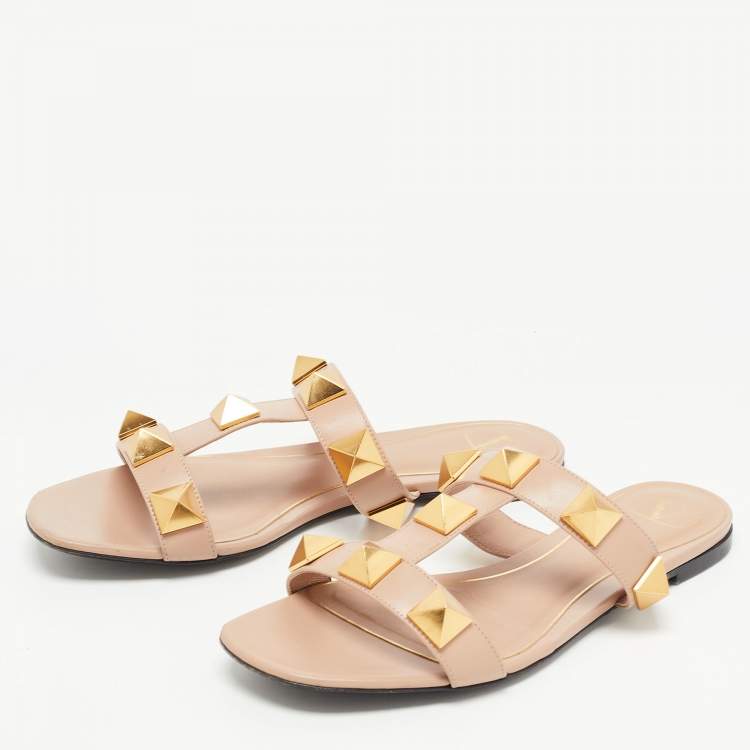 Pre Owned Valentino Pink Leather Roman Stud Flat Slides Size 38