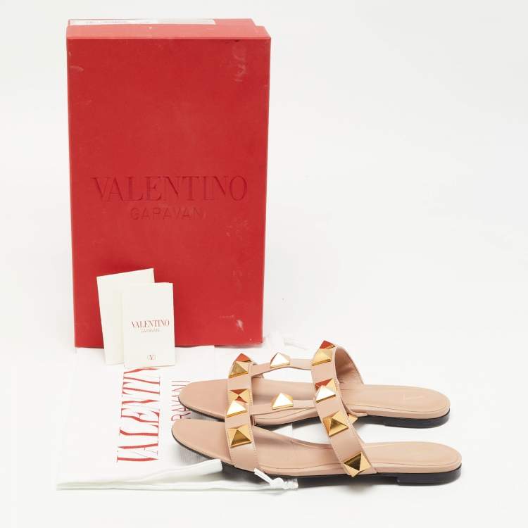 Pre Owned Valentino Pink Leather Roman Stud Flat Slides Size 38