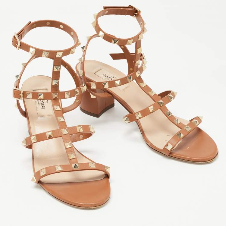Pre Owned Valentino Tan Leather Rockstud Ankle Strap Sandals Size 40