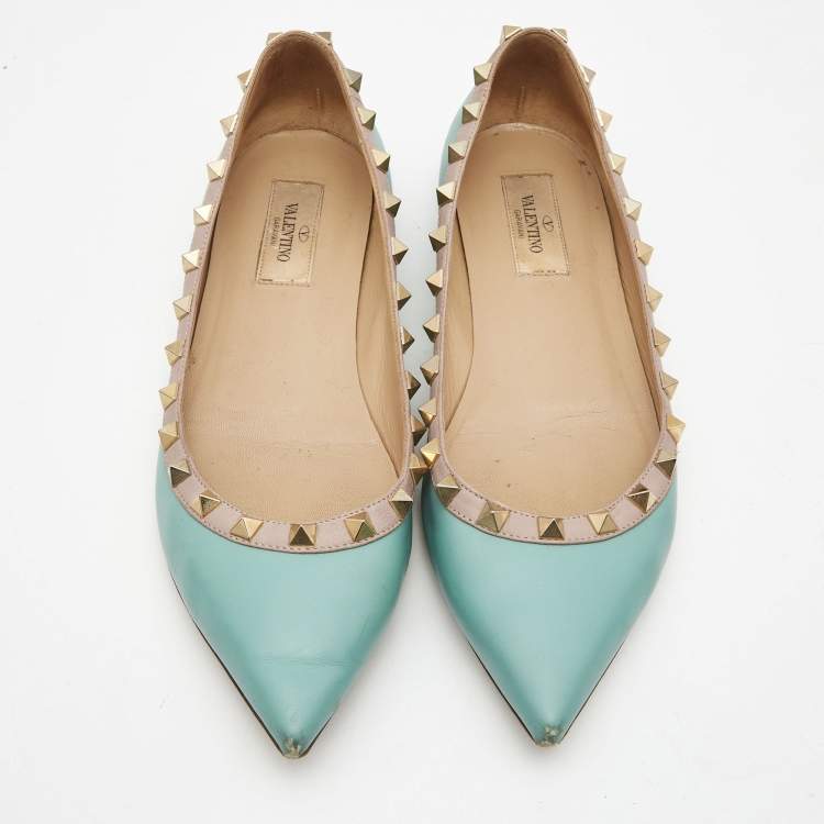 Pre Owned Valentino Blue/Beige Leather Rockstud Ballet Flats Size 38.5