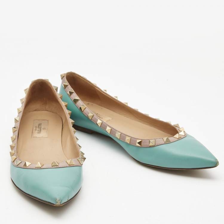 Pre Owned Valentino Blue/Beige Leather Rockstud Ballet Flats Size 38.5