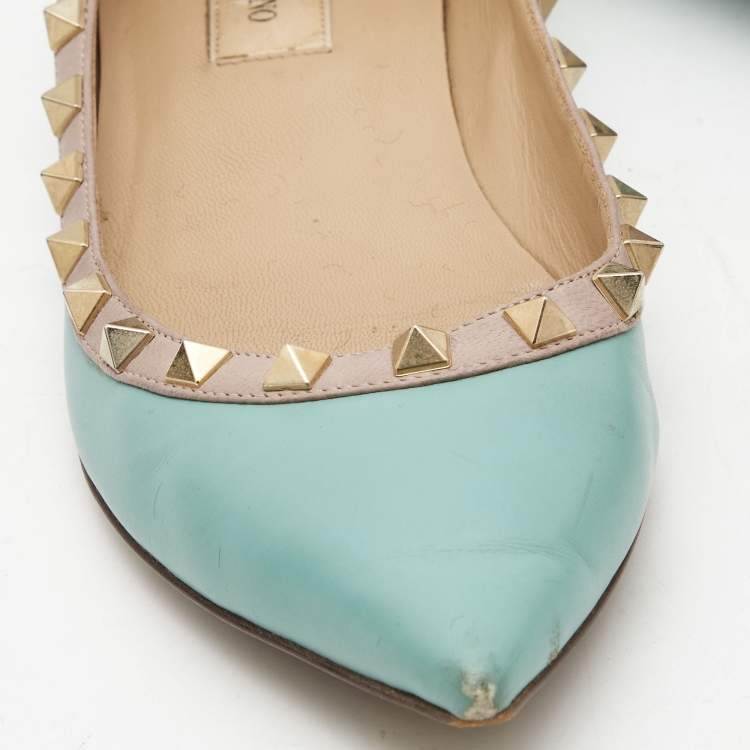 Pre Owned Valentino Blue/Beige Leather Rockstud Ballet Flats Size 38.5