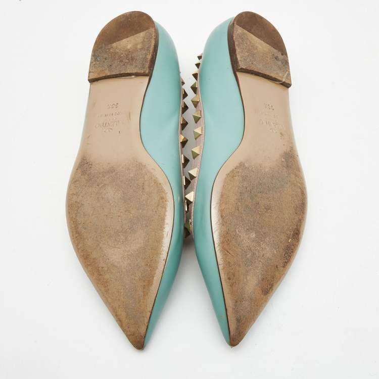 Pre Owned Valentino Blue/Beige Leather Rockstud Ballet Flats Size 38.5