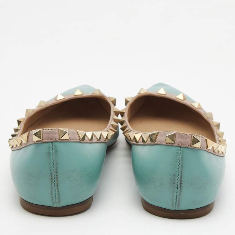 Pre Owned Valentino Blue/Beige Leather Rockstud Ballet Flats Size 38.5