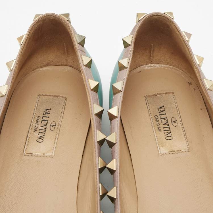 Pre Owned Valentino Blue/Beige Leather Rockstud Ballet Flats Size 38.5