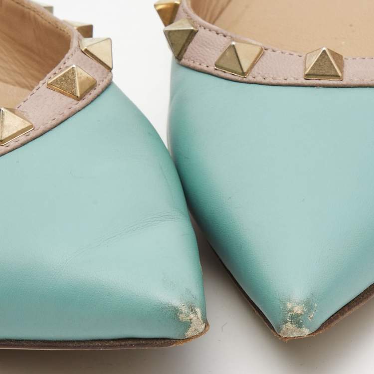 Pre Owned Valentino Blue/Beige Leather Rockstud Ballet Flats Size 38.5