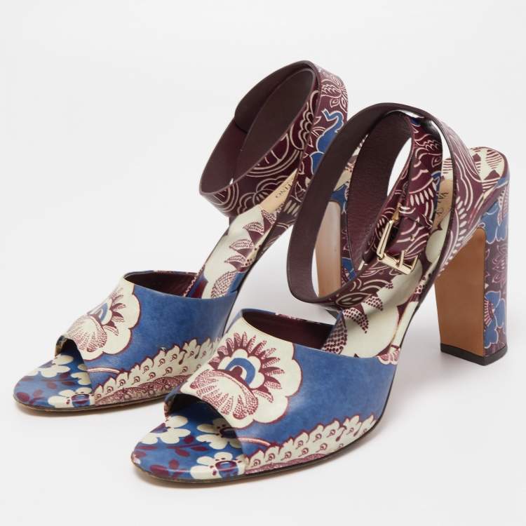 Pre Owned Valentino Multicolor Floral Print Leather Ankle Strap Sandals Size 41