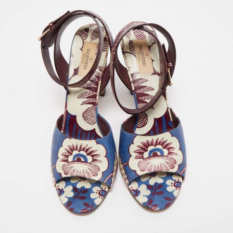 Pre Owned Valentino Multicolor Floral Print Leather Ankle Strap Sandals Size 41