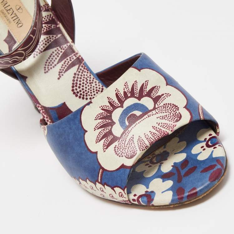 Pre Owned Valentino Multicolor Floral Print Leather Ankle Strap Sandals Size 41