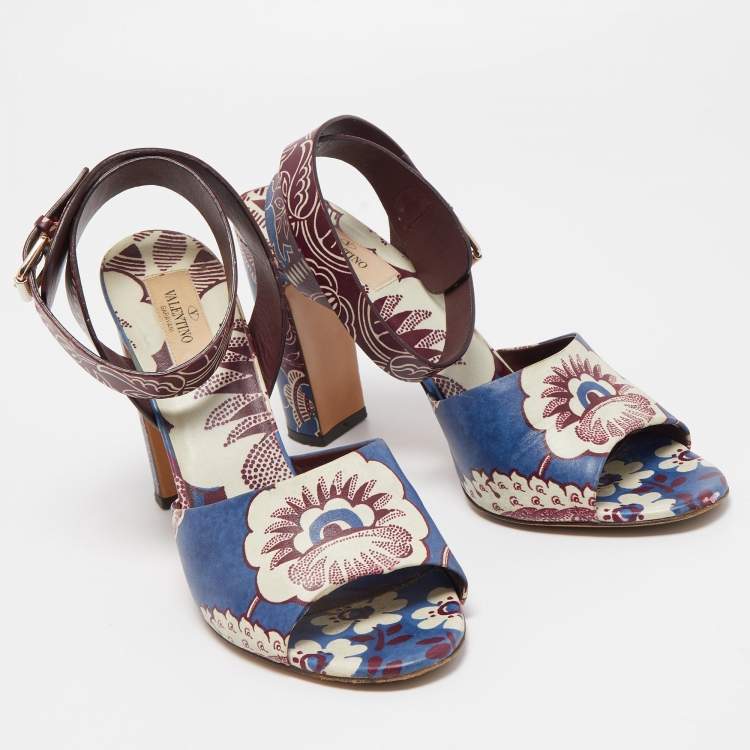 Pre Owned Valentino Multicolor Floral Print Leather Ankle Strap Sandals Size 41