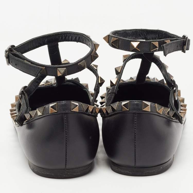 Pre Owned Valentino Black Leather Rockstud Ankle Strap Ballet Flats Size 37