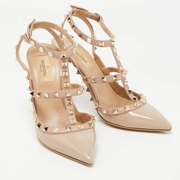 Pre Owned Valentino Beige Patent Leather Rockstud Caged Pumps Size 38