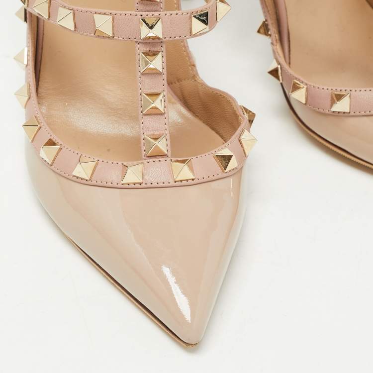 Pre Owned Valentino Beige Patent Leather Rockstud Caged Pumps Size 38