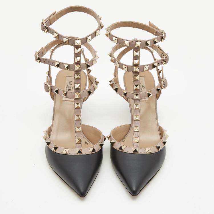 Pre Owned Valentino Black/Beige Leather Rockstud Pumps Size 38 