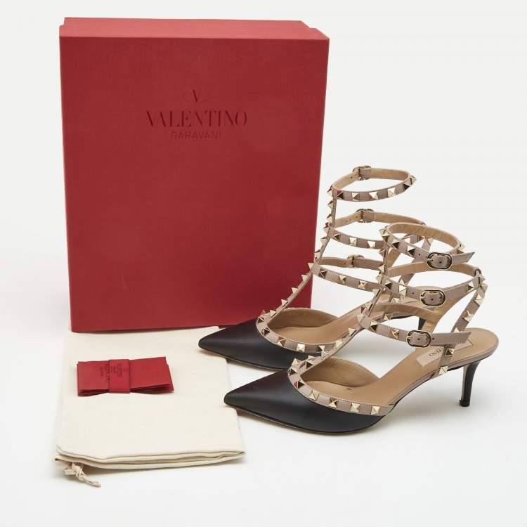 Pre Owned Valentino Black/Beige Leather Rockstud Pumps Size 38 
