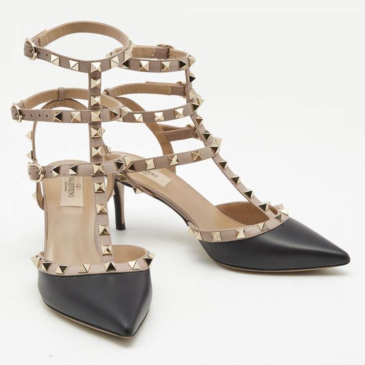 Pre Owned Valentino Black/Beige Leather Rockstud Pumps Size 38 