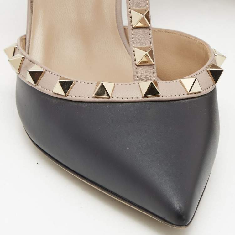 Pre Owned Valentino Black/Beige Leather Rockstud Pumps Size 38 
