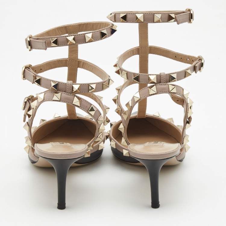 Pre Owned Valentino Black/Beige Leather Rockstud Pumps Size 38 