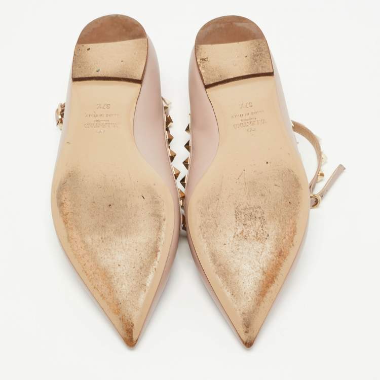 Pre Owned Valentino Dusty Pink Leather Rockstud Ankle Strap Ballet Flats Size 37.5
