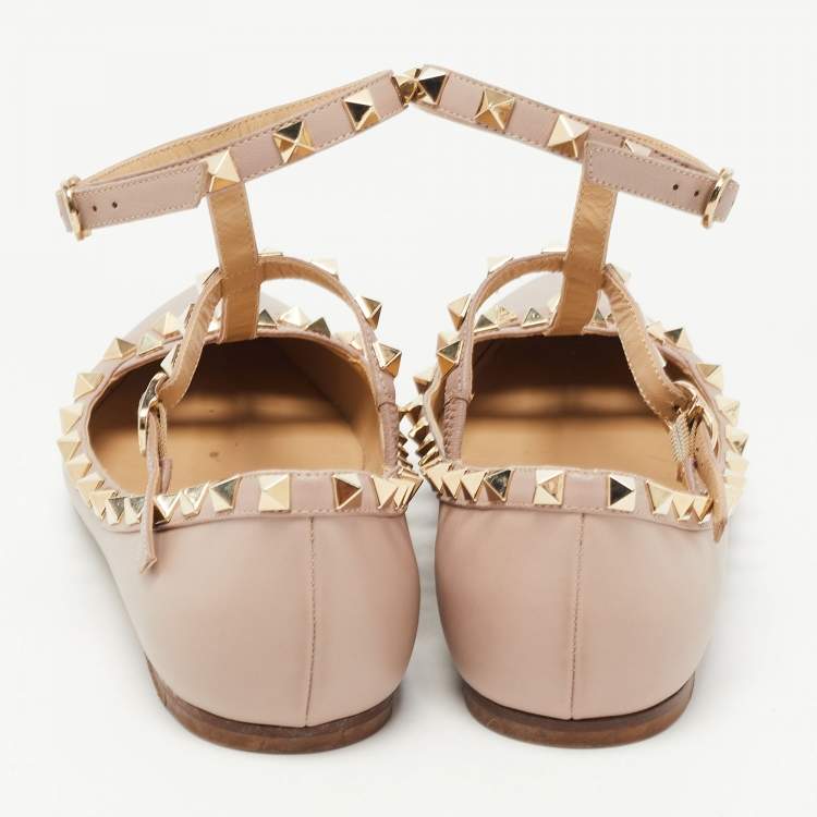 Pre Owned Valentino Dusty Pink Leather Rockstud Ankle Strap Ballet Flats Size 37.5