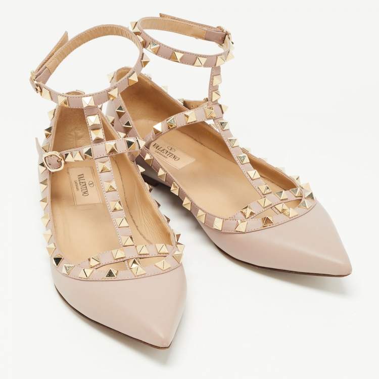 Pre Owned Valentino Dusty Pink Leather Rockstud Ankle Strap Ballet Flats Size 37.5