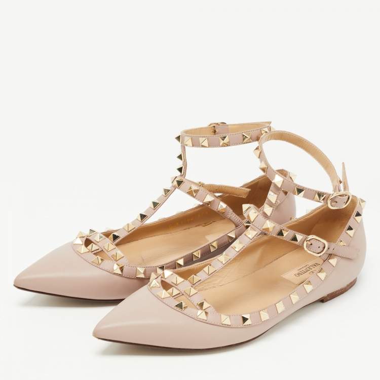 Pre Owned Valentino Dusty Pink Leather Rockstud Ankle Strap Ballet Flats Size 37.5