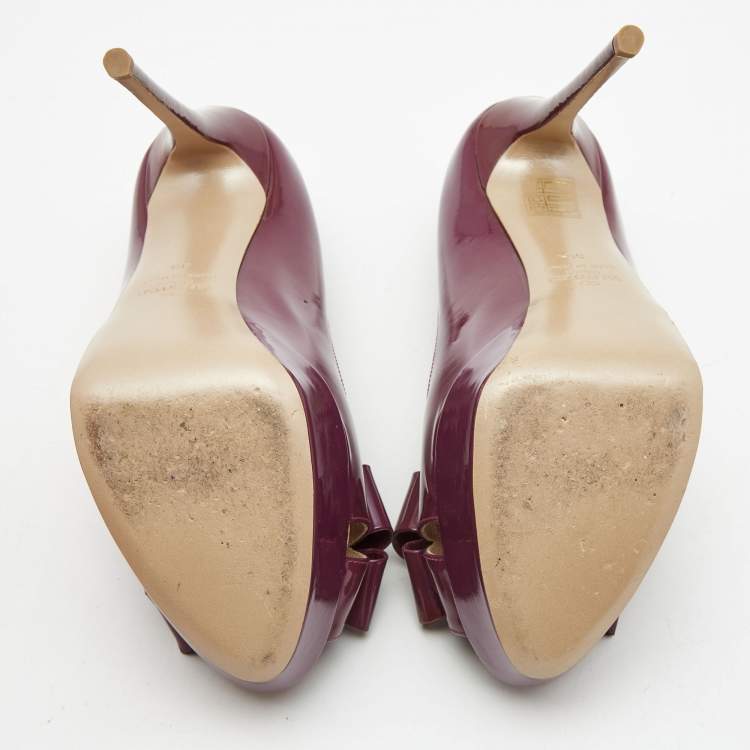 Pre Owned Valentino Purple Patent Leather Bow Peep Toe Platform Pumps Size 39