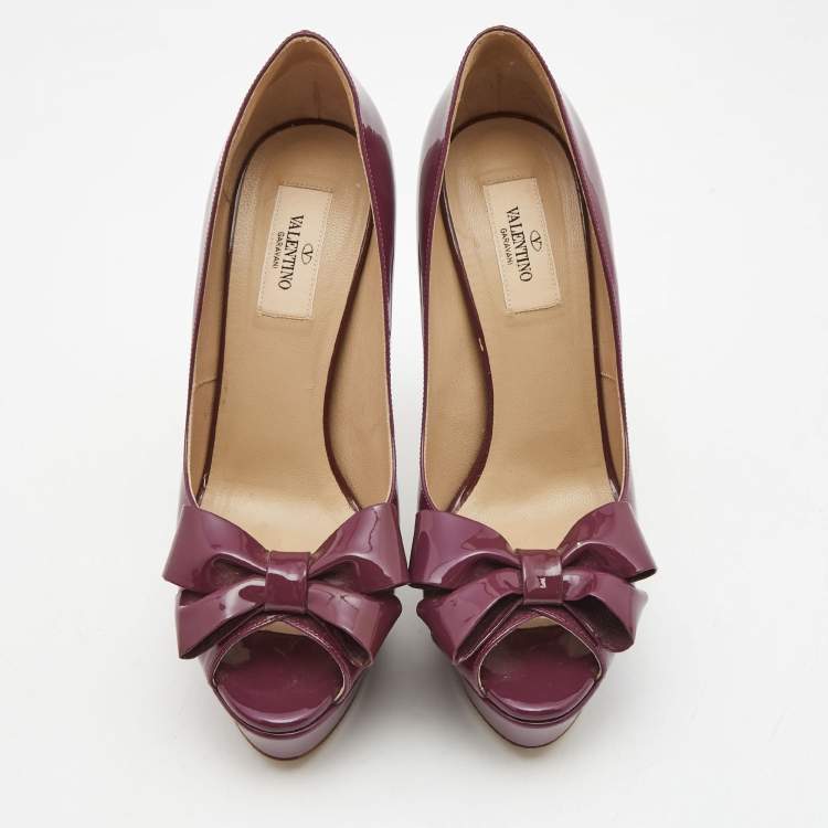 Pre Owned Valentino Purple Patent Leather Bow Peep Toe Platform Pumps Size 39