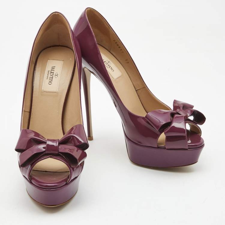 Pre Owned Valentino Purple Patent Leather Bow Peep Toe Platform Pumps Size 39
