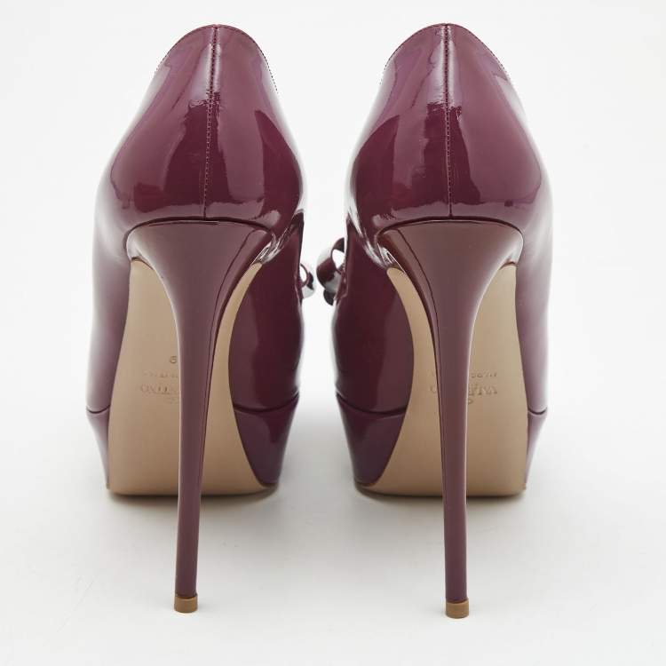 Pre Owned Valentino Purple Patent Leather Bow Peep Toe Platform Pumps Size 39
